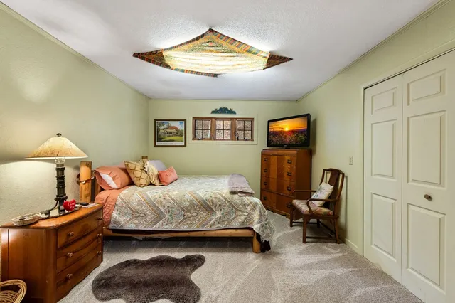 a spacious bedroom with a bed and a chandelier