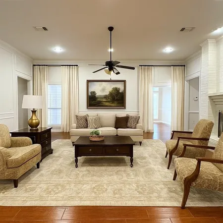 a living room with furniture and a chandelier
