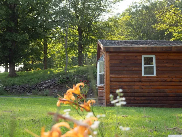 a view of a backyard with a small cabin