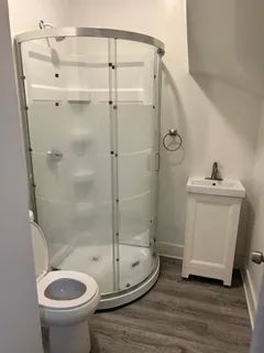 a bathroom with a shower and toilet