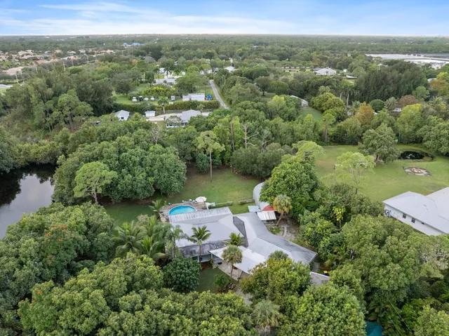 an aerial view of a town with trees