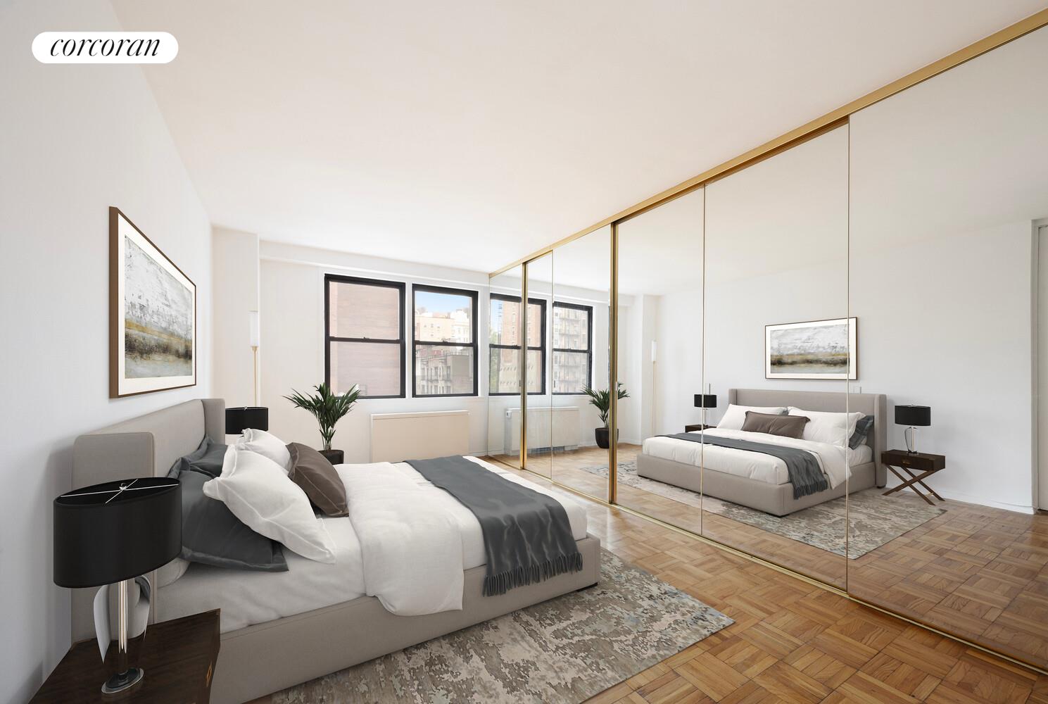 201 East 21st Street, Unit 7S Manhattan, NY 10010 - Photo 8 of 12 a spacious bedroom with a bed and glass window