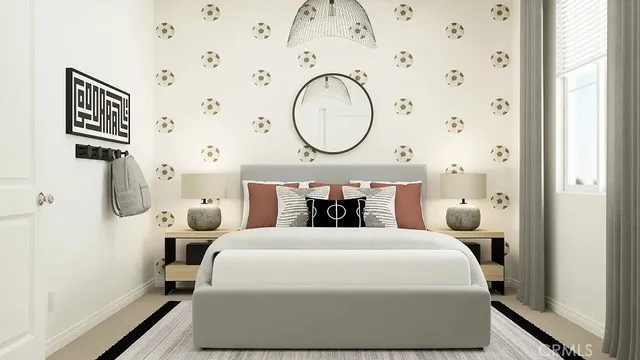 a bed room with a bed mirror and a window