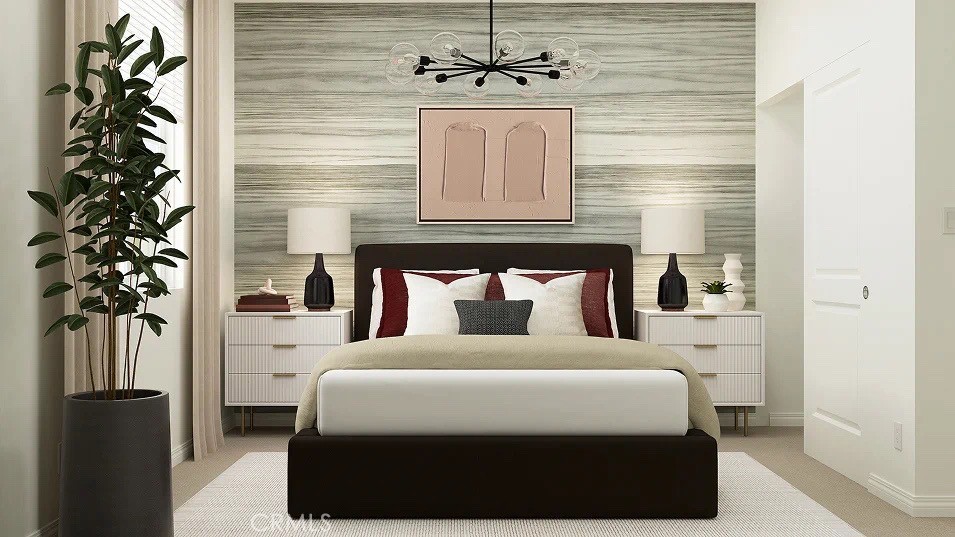 24812 Sirius Avenue Moreno Valley, CA 92551 - Photo 10 of 16 a bedroom with a large bed and a chandelier