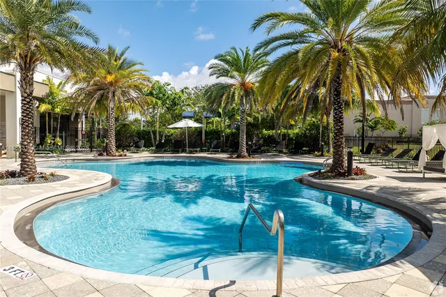 a view of a swimming pool with a garden
