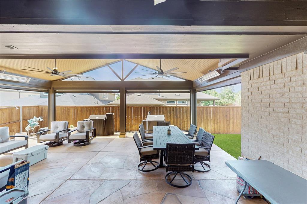 1997 Kieva Place Allen, TX 75013 - Photo 40 of 40 Fenced backyard featuring ceiling fan, a patio, and outdoor dining space