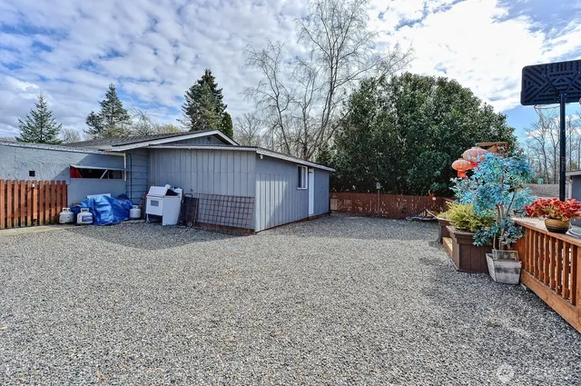 a backyard of a house with table and chairs