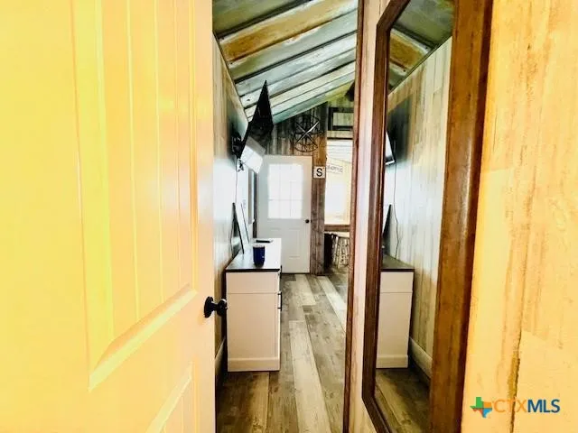 a bathroom with a mirror