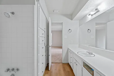 a bathroom with a sink a mirror and a shower