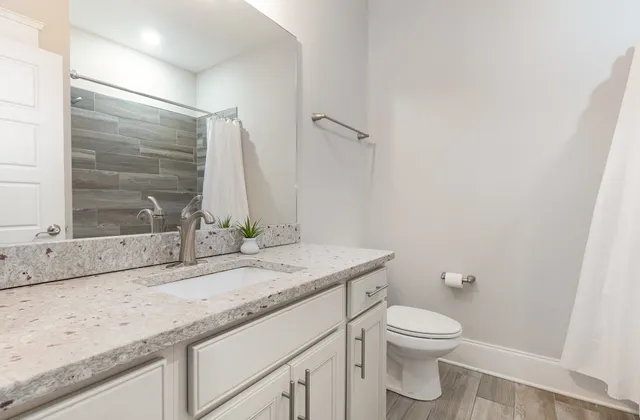 a bathroom with a granite countertop sink a toilet and a mirror