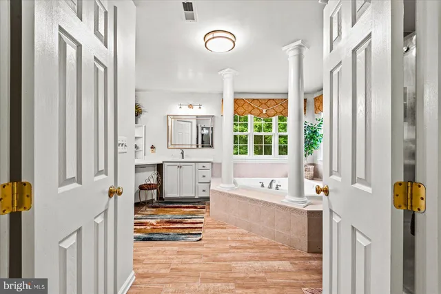 a workspace with furniture and window