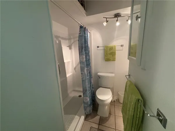 a bathroom with a toilet and a shower