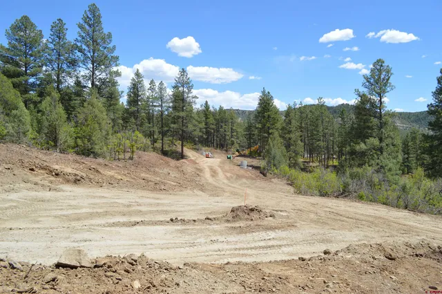 a view of dirt field with trees in the background