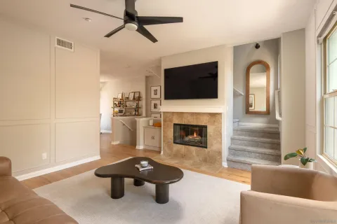 a living room with furniture a fireplace and a flat screen tv