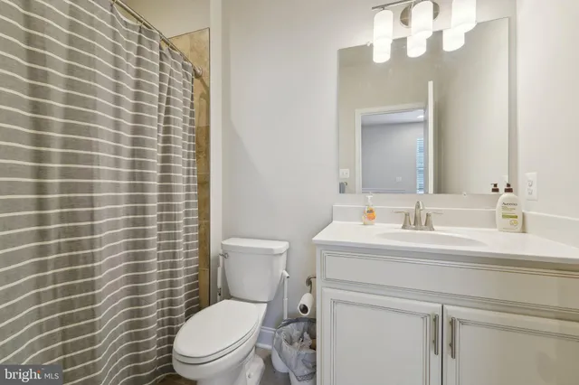 a bathroom with a sink a toilet a mirror and shower curtain
