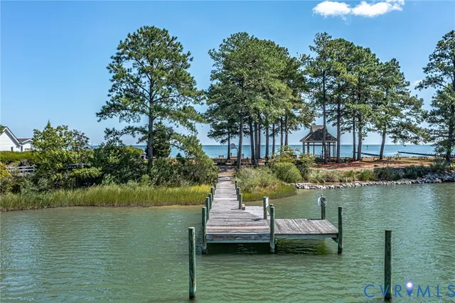 a view of a lake with boats and large trees