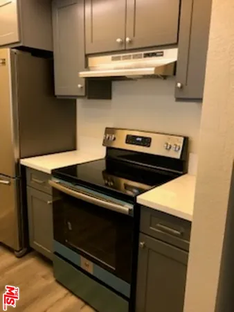 a stove top oven sitting inside of a kitchen