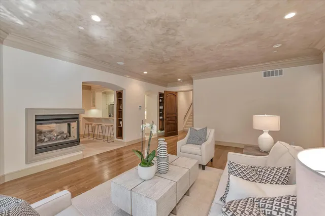 a living room with furniture and a potted plant