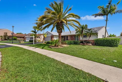 a palm tree sitting in front of a house with a big yard