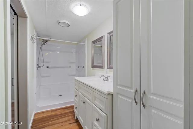 a bathroom with a sink and a mirror