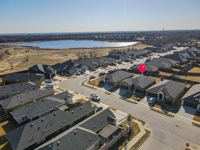 an aerial view of a building with outdoor space