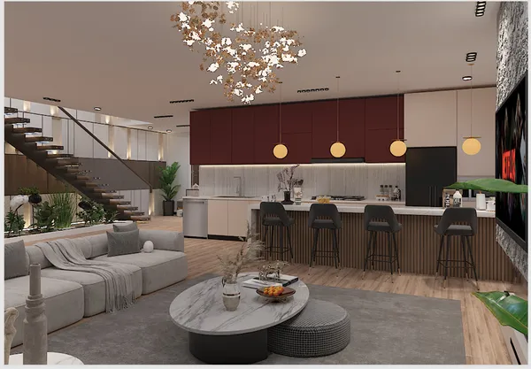 a living room with furniture and wooden floor