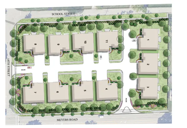 a buildings covered with tall trees