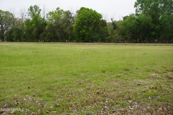 a view of a field with trees in the background