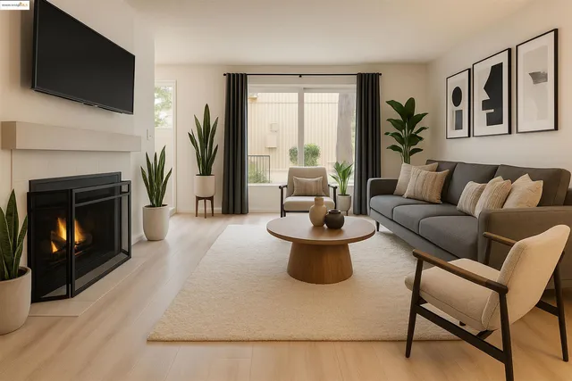 a living room with furniture a flat screen tv and a fireplace