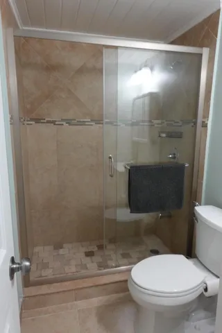 a bathroom with a toilet and a shower