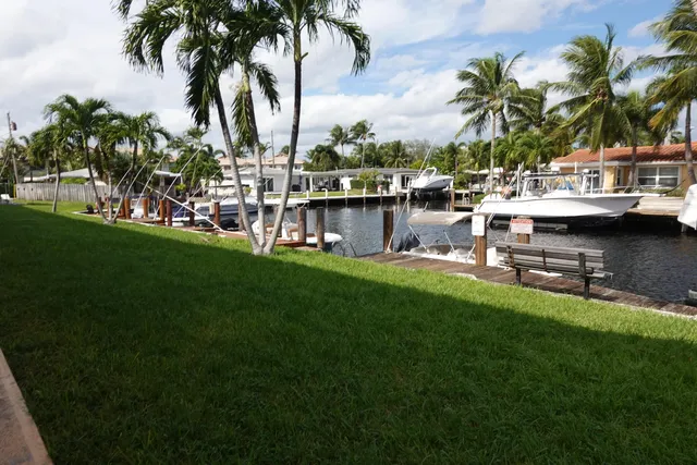 a row of palm trees sitting in a yard with swimming pool