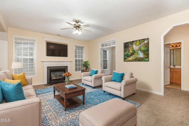 a living room with furniture and a fireplace