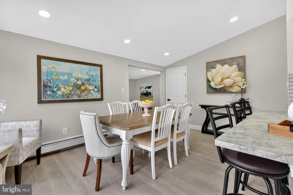 a view of a dining room with furniture