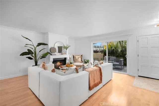 a living room with fireplace furniture and a potted plant