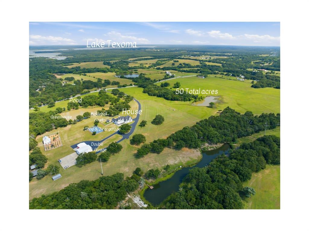 1073 Gordonville Road Gordonville, TX 76245 - Photo 5 of 39 A labeled view of the previous photo. From the road just above the word "pond" to the right side of the photo where you see a tiny row of trees in front of a large grove of trees, nearly everything you see below the road is a part of this 50 acre tract.