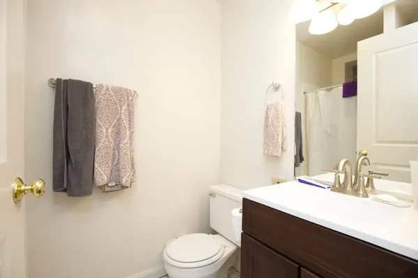 a bathroom with a sink vanity mirror and toilet
