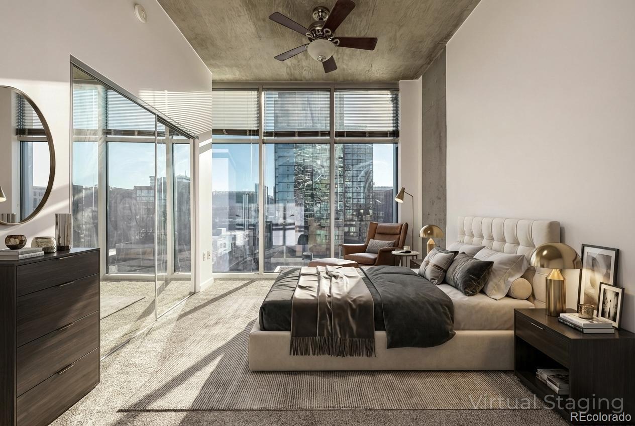 1700 Bassett Street, Unit 1012 Denver, CO 80202 - Photo 6 of 48 a living room with furniture a ceiling fan and a large window