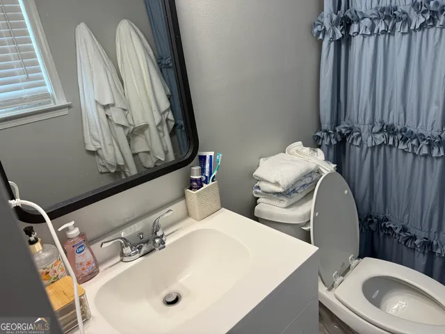 a bathroom with a sink vanity and toilet
