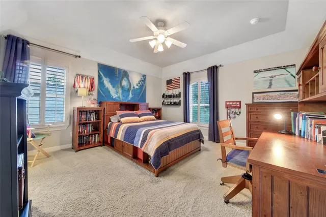 a bed room with a bed and a ceiling fan