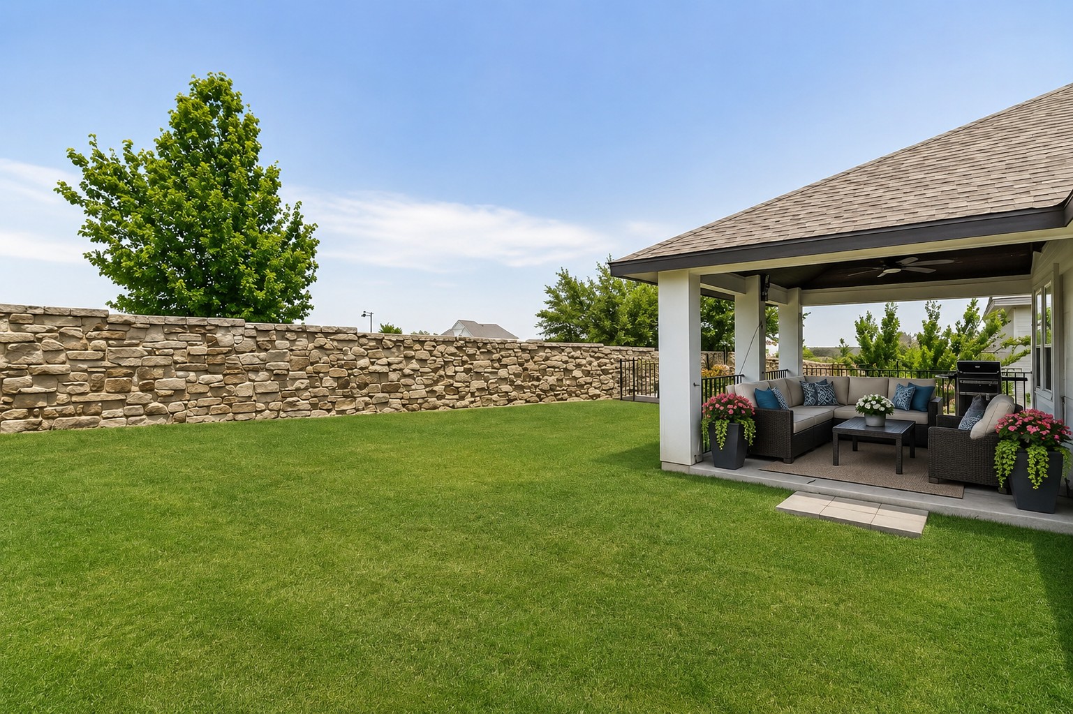 1820 Ficuzza Way Leander, TX 78641 - Photo 25 of 35 The beautifully landscaped backyard is perfect for pets and/or relaxation and watching a game on the patio TV. Virtually staged.