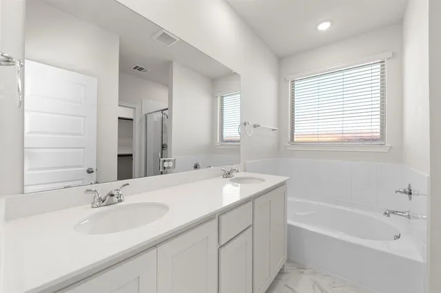 a bathroom with a sink double vanity granite tub shower and a mirror