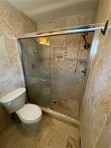 a bathroom with a shower and a toilet