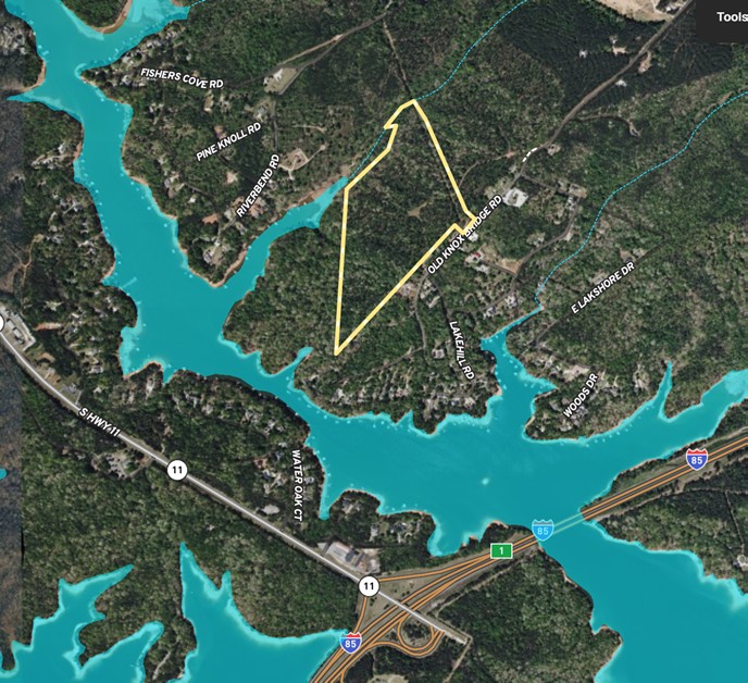 6 Old Knox Bridge Road, Unit LOT 6 Fair Play, SC 29643 - Photo 2 of 4 An aerial map outlines the expansive property boundary nestled near a winding waterway.