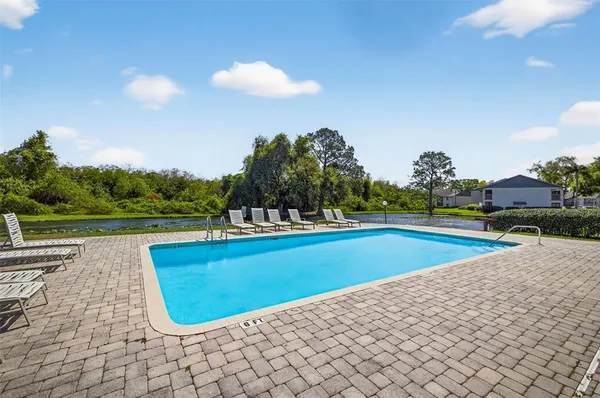 a view of a swimming pool and trees in the background