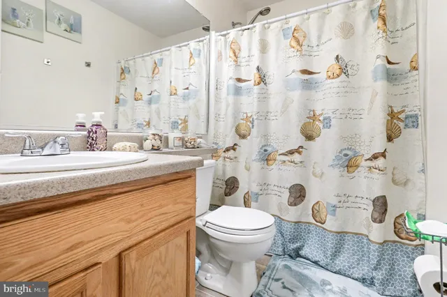 a bathroom with a sink a toilet and shower curtain