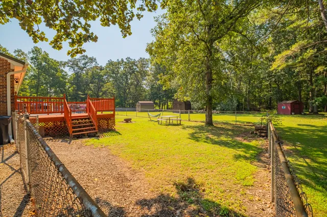 a view of a backyard with a small cabin