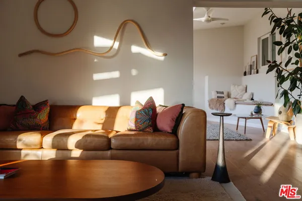 a living room with furniture flowerpot and a lamp