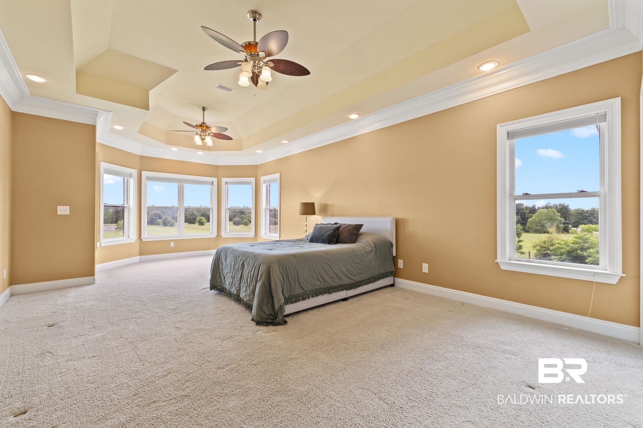 9790 Stucki Road Elberta, AL 36530 - Photo 63 of 72 Carpeted bedroom featuring a tray ceiling, crown molding, multiple windows, baseboards, and recessed lighting