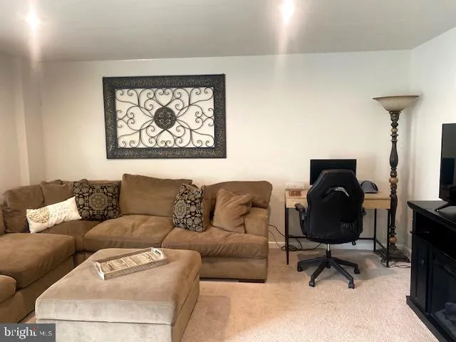 a living room with furniture a rug and a fireplace