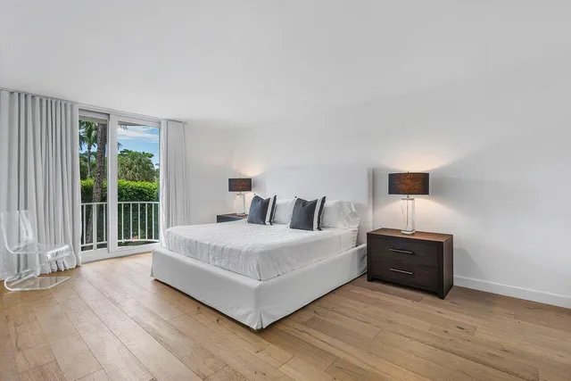 a spacious bedroom with a bed and a large window